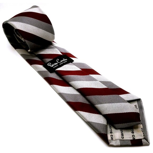 Pierre Cardin Paris New York Men's Tie Burgundy Gray Stripes Logo 60" L x 3.25"W - Picture 4 of 13